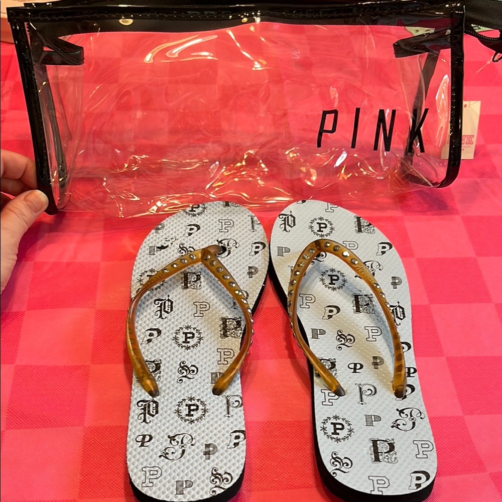 PINK Victoria's Secret Baby Blue Flip Flops With Clear Bag
